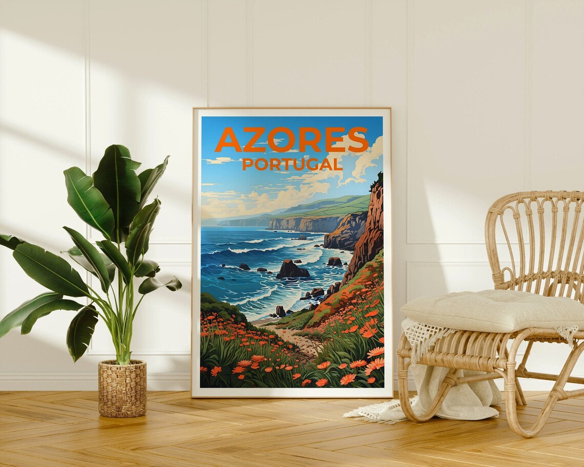 Azores Portugal Wildflower Cliff Coast Atlantic Ocean View Poster - Image 2