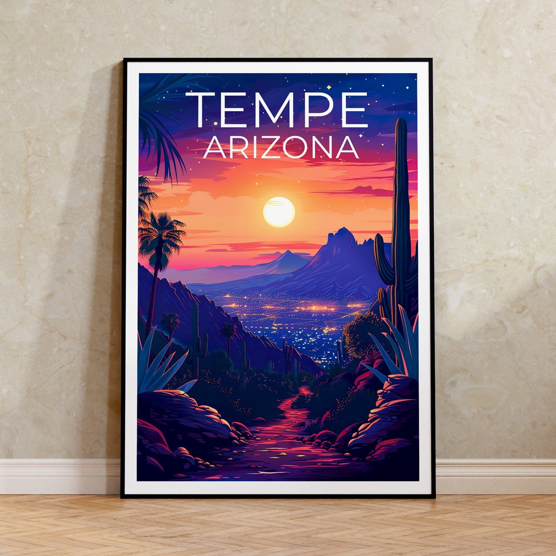 Tempe Arizona Desert City Lights Saguaro Sunset Valley View Poster
