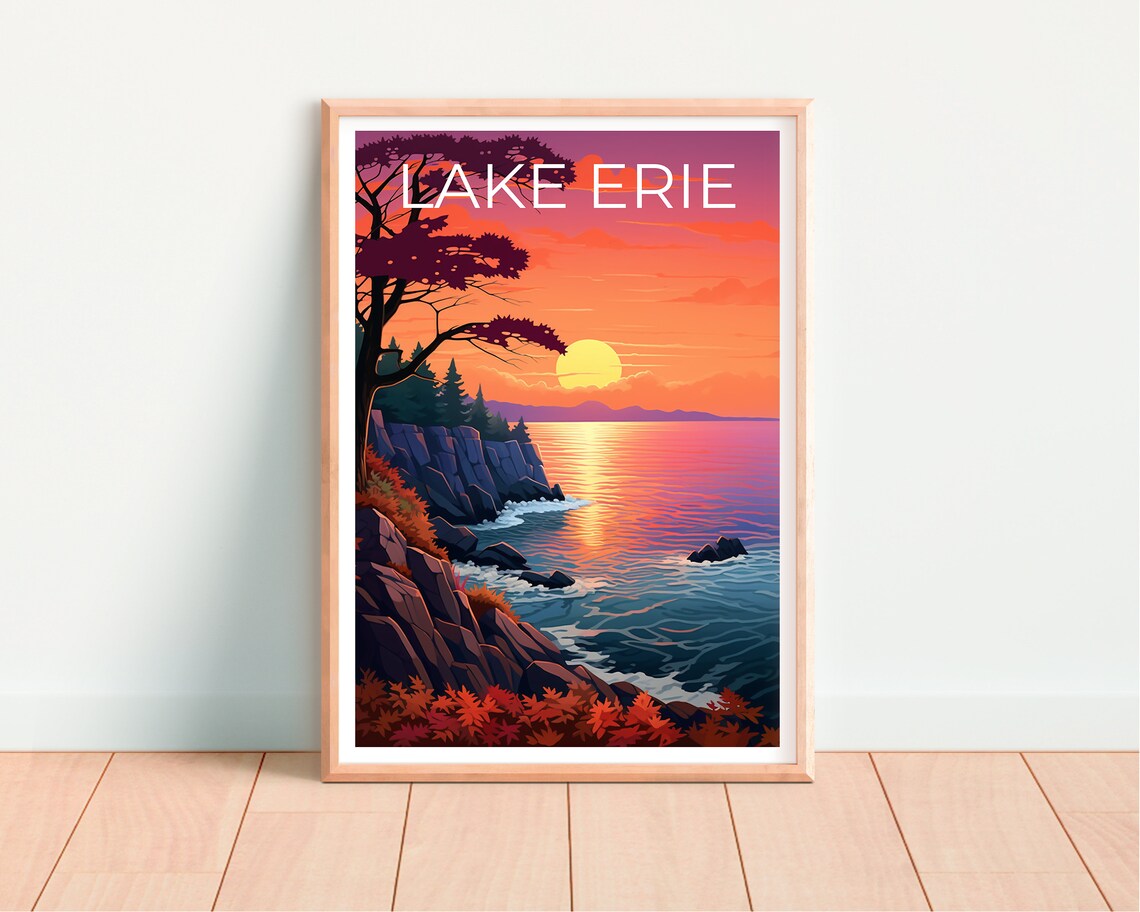 Lake Erie Sunset Rocky Shore Autumn Foliage Great Lakes Travel Poster - Image 4