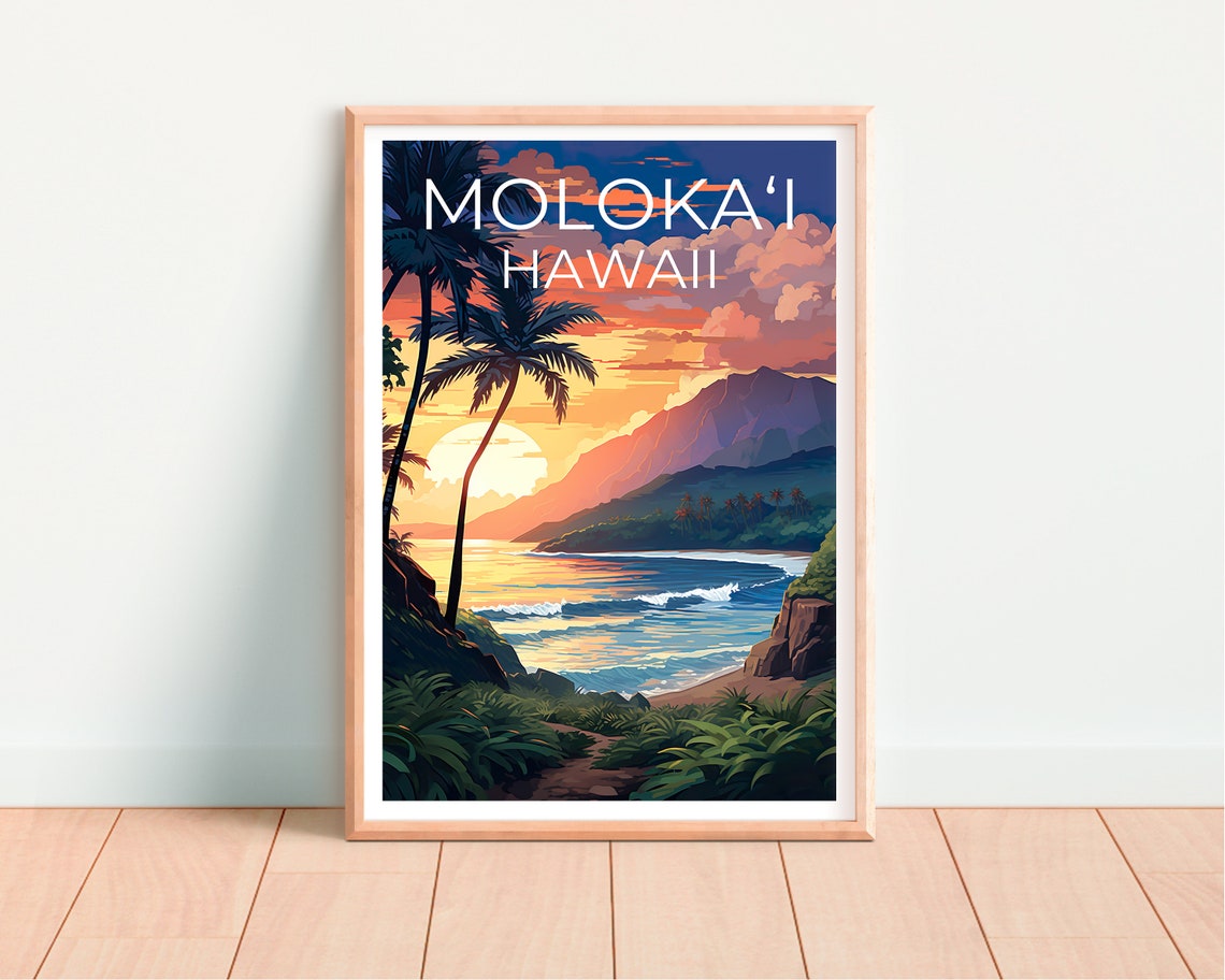 Molokai Hawaii Tropical Beach Sunset Palm Trees Travel Poster - Image 4