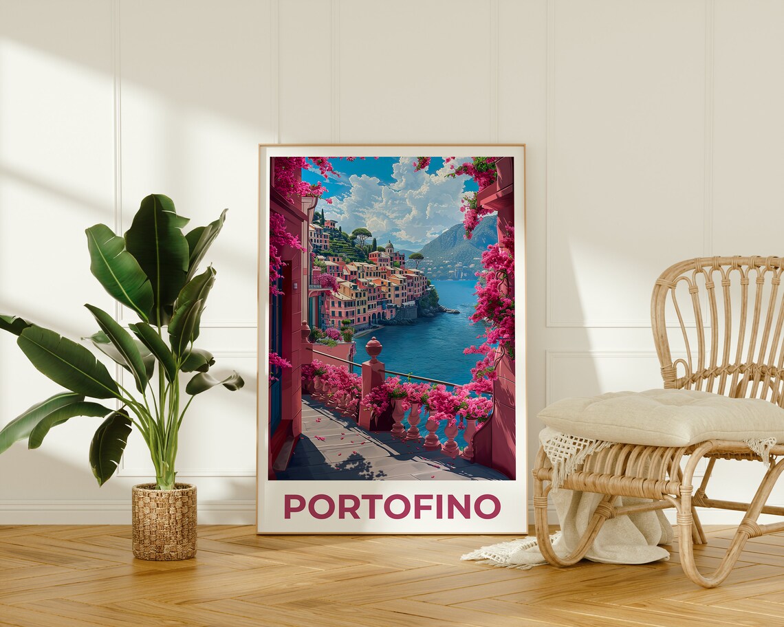 Portofino Italy Colorful Harbor Bougainvillea Balcony Sea View Poster - Image 2