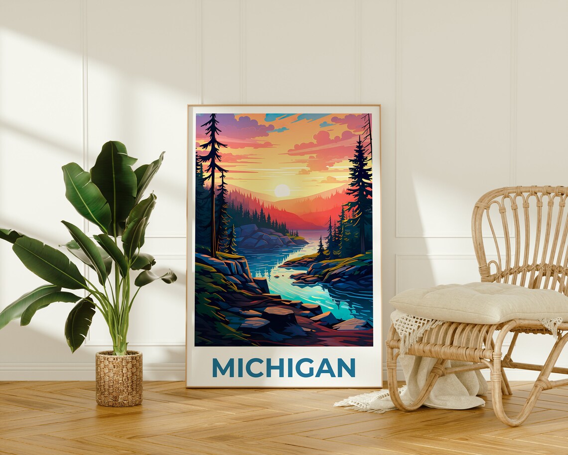 Michigan Lake Sunset Rocky Shore Pine Forest Northwoods Poster - Image 2