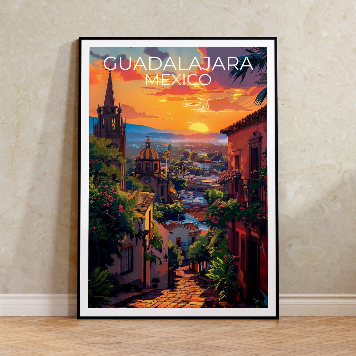 Guadalajara Mexico Colonial Street Church Spire Sunset Travel Poster