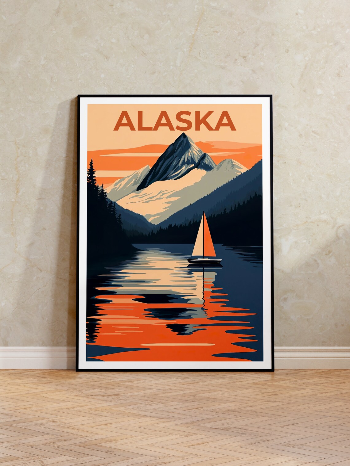 Alaska Snowy Peak Sailboat Lake Sunset Retro Style Travel Poster