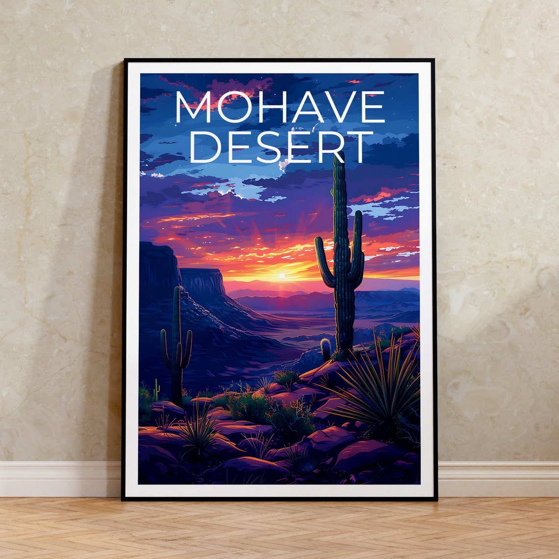 Mohave Desert Sunset Saguaro Cactus Mesa Vibrant Southwest Art Poster