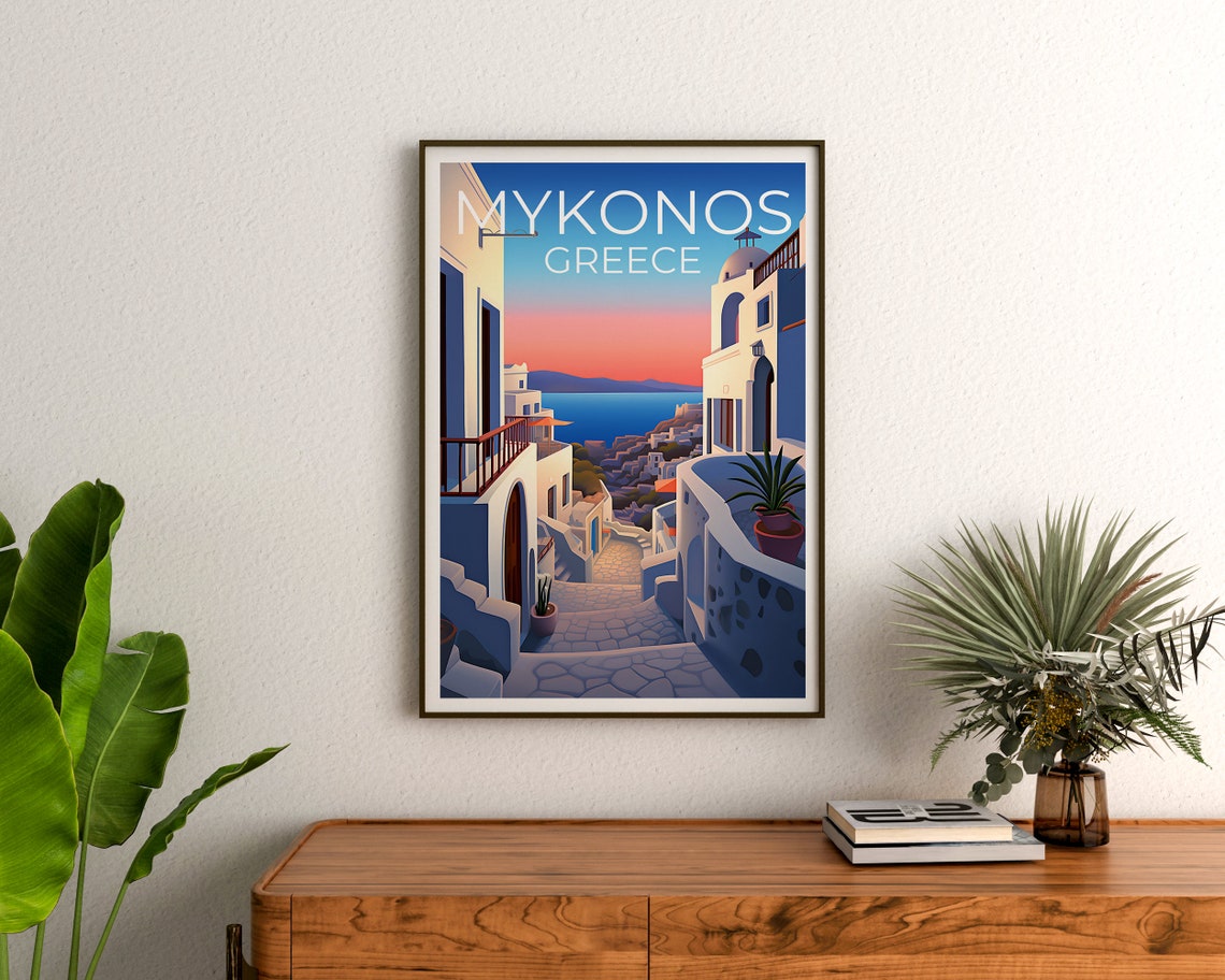 Mykonos Greece Whitewashed Streets Sunset Aegean Sea View Poster - Image 3