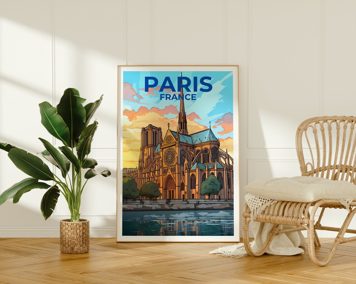 Paris France Notre Dame Cathedral Sunset River Seine View Poster - Image 3