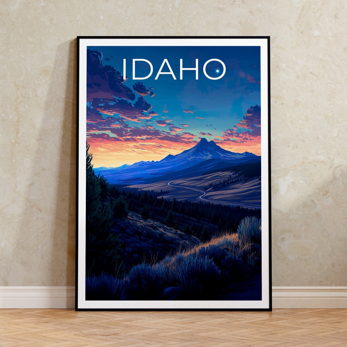 Idaho Mountain Dusk Winding Valley Road Crescent Moon Sunset Poster
