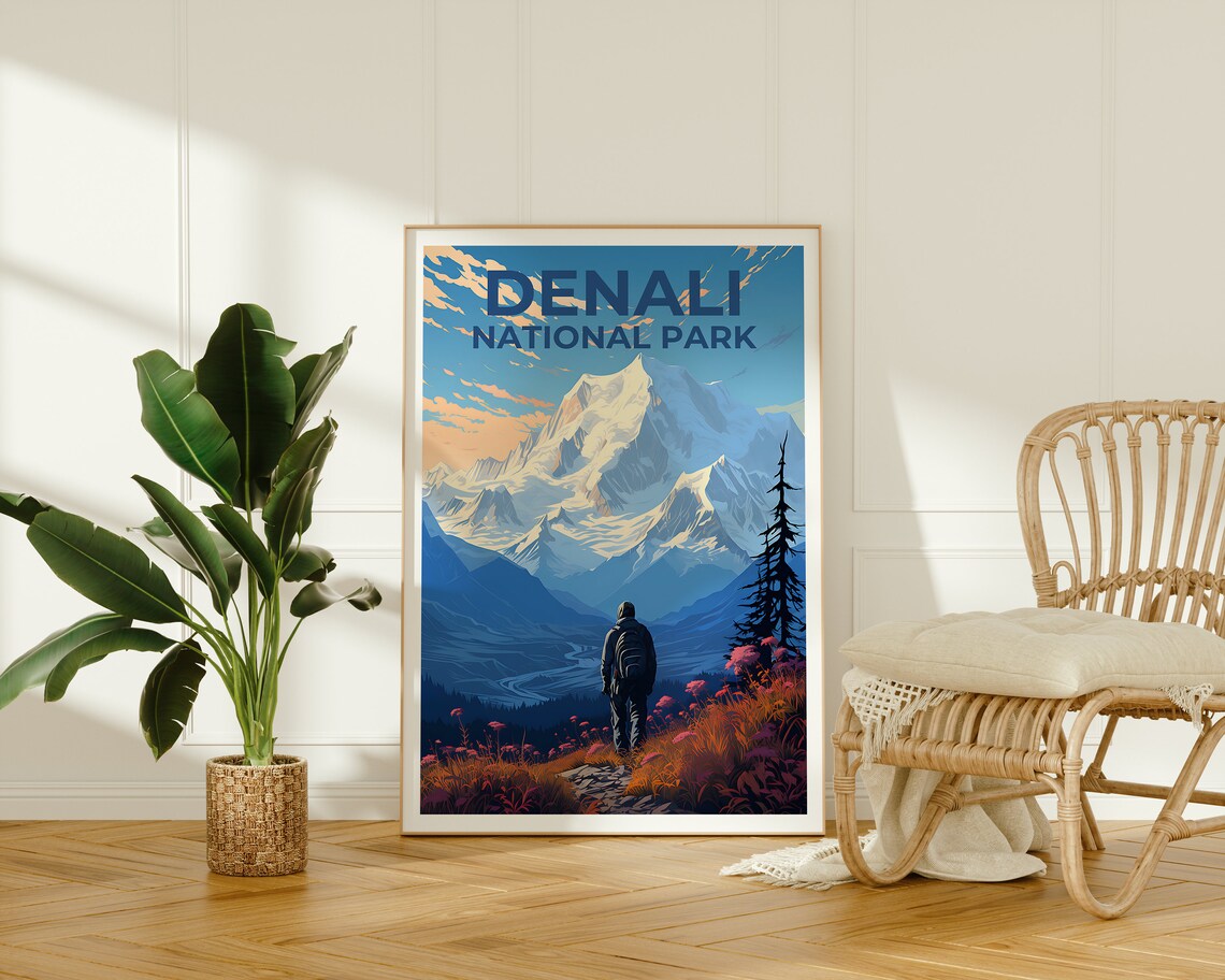 Denali National Park Alaska Hiker Snowy Peak Wildflowers Travel Poster - Image 2