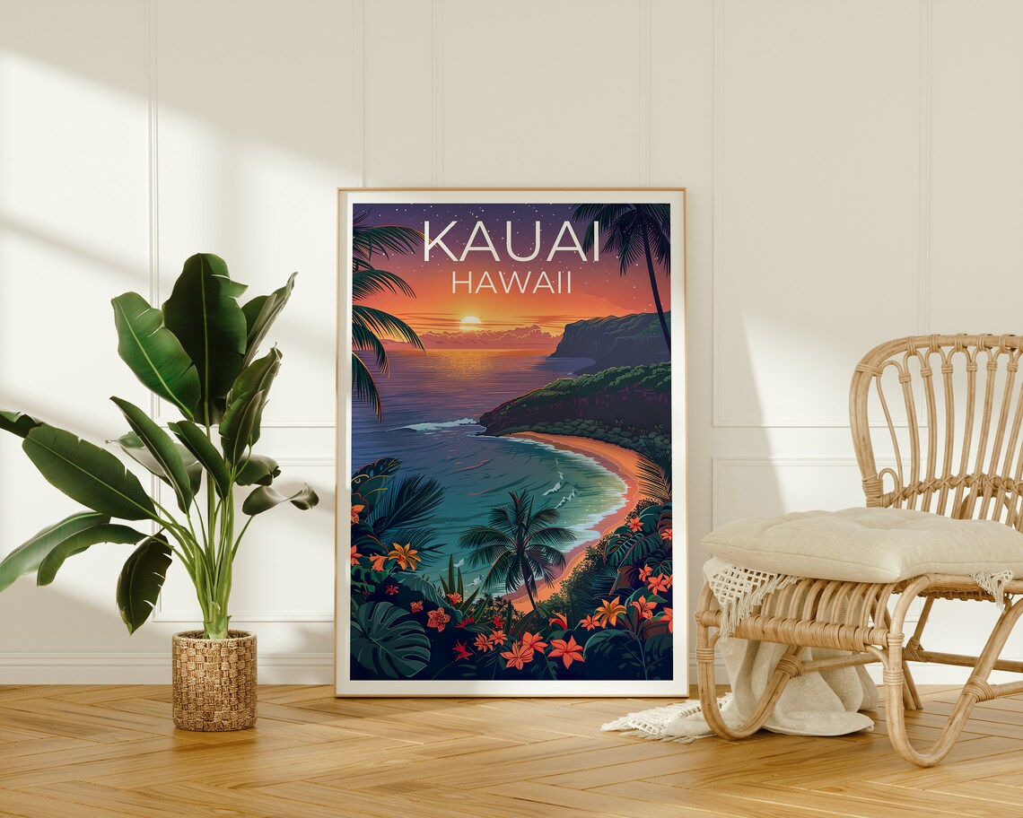 Kauai Hawaii Tropical Bay Sunset Palm Trees Flowers Travel Poster - Image 2