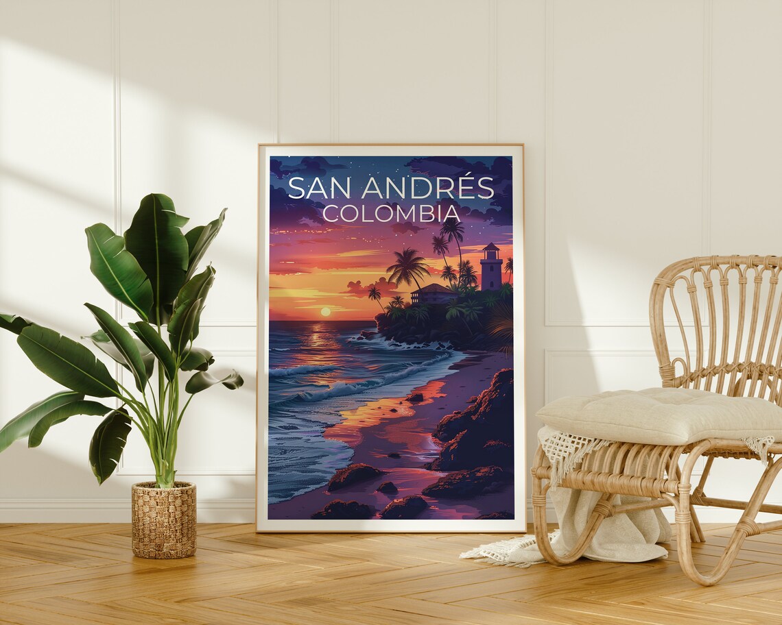 San Andres Colombia Island Beach Sunset Lighthouse Palms Travel Poster - Image 2