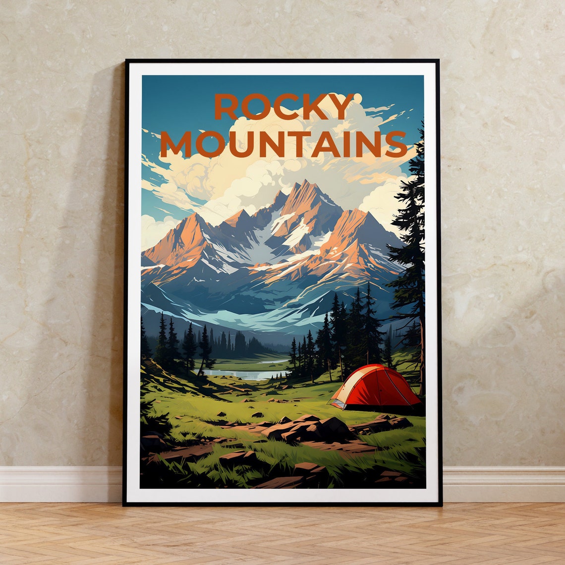 Rocky Mountains Camping Tent Alpine Peaks Meadow Vintage Travel Poster