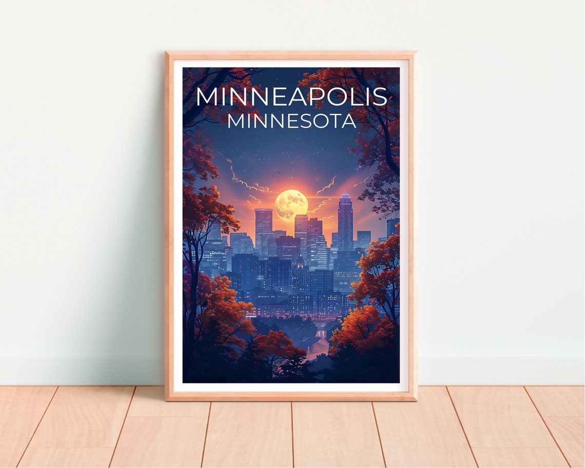 Minneapolis Minnesota Moonlit Skyline Autumn Trees Night Travel Poster - Image 4