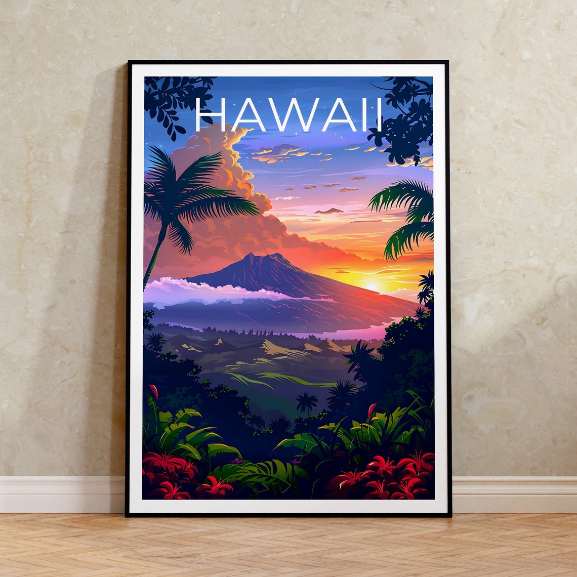 Hawaii Volcano Peak Sunset Clouds Lush Jungle Valley View Poster