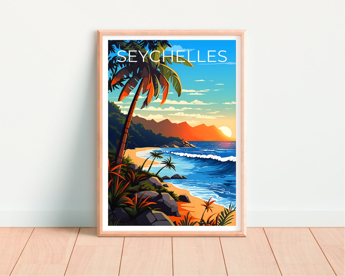 Seychelles Tropical Beach Sunset Palm Trees Ocean Waves Travel Poster - Image 4