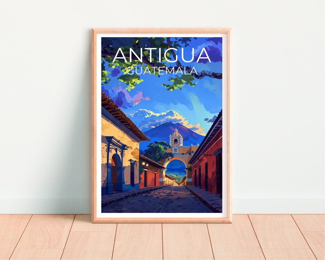 Antigua Guatemala Colonial Arch Volcano Cobblestone Street View Poster - Image 4