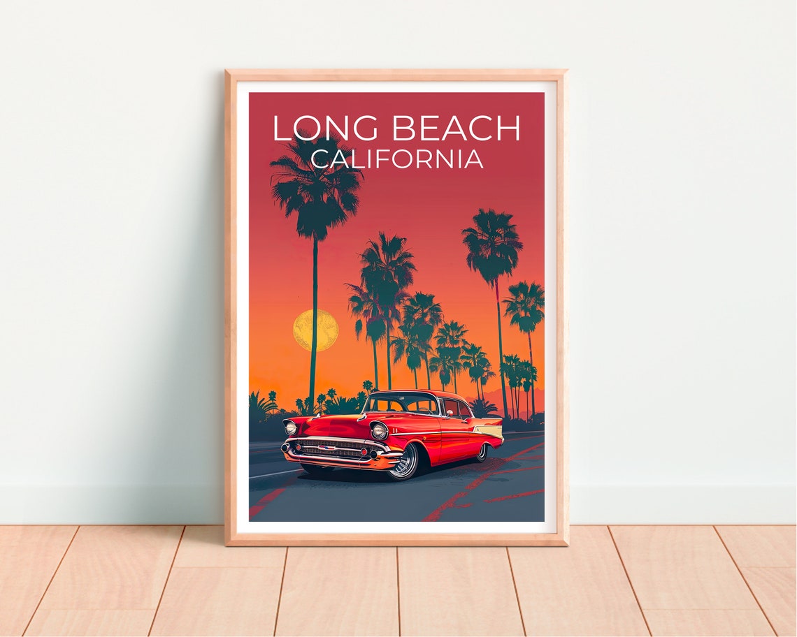 Long Beach California Classic Car Sunset Palm Trees Retro Poster - Image 4
