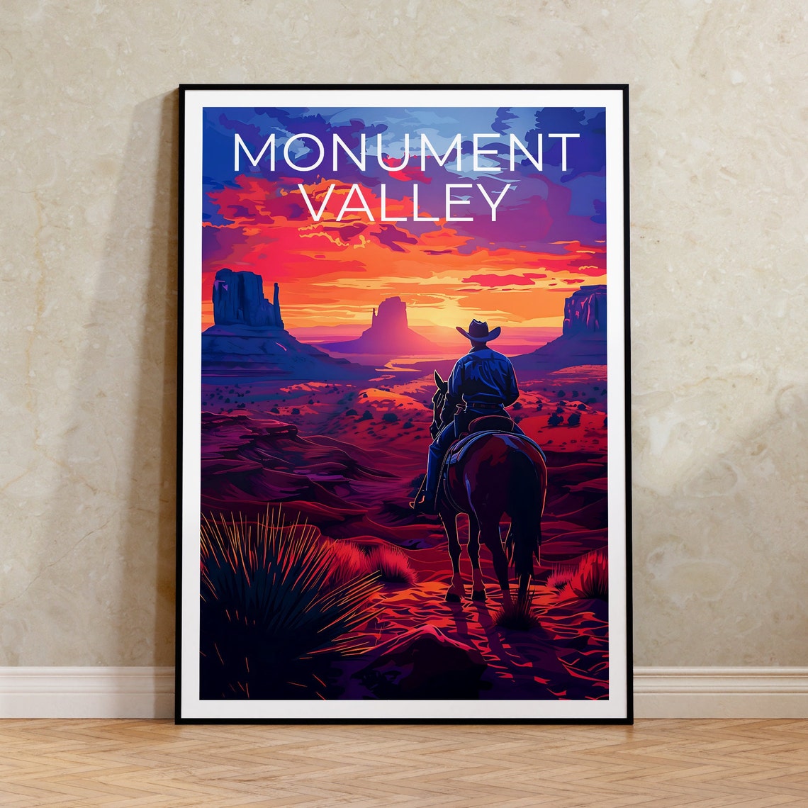Monument Valley Cowboy Horseback Sunset Desert Buttes Poster