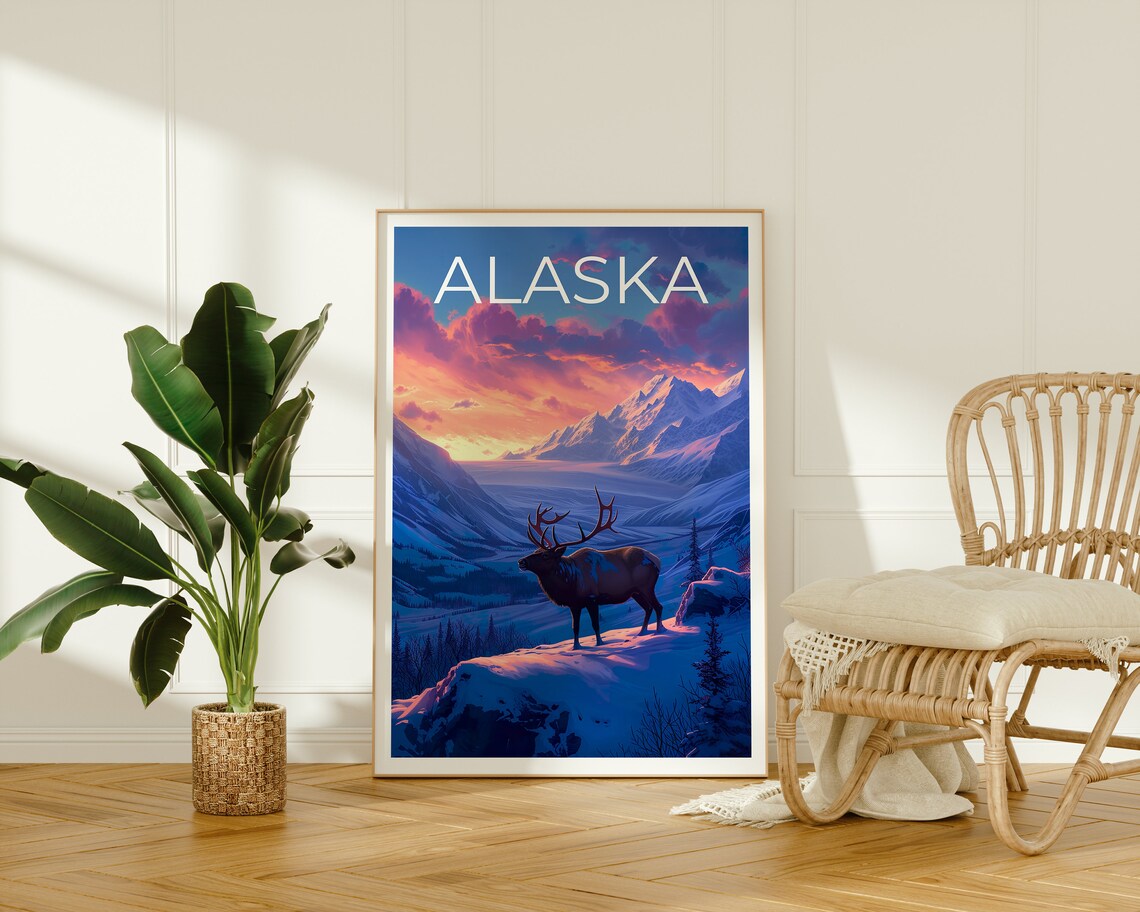 Alaska Sunset Elk on Snowy Mountain Ridge Winter Travel Poster - Image 2