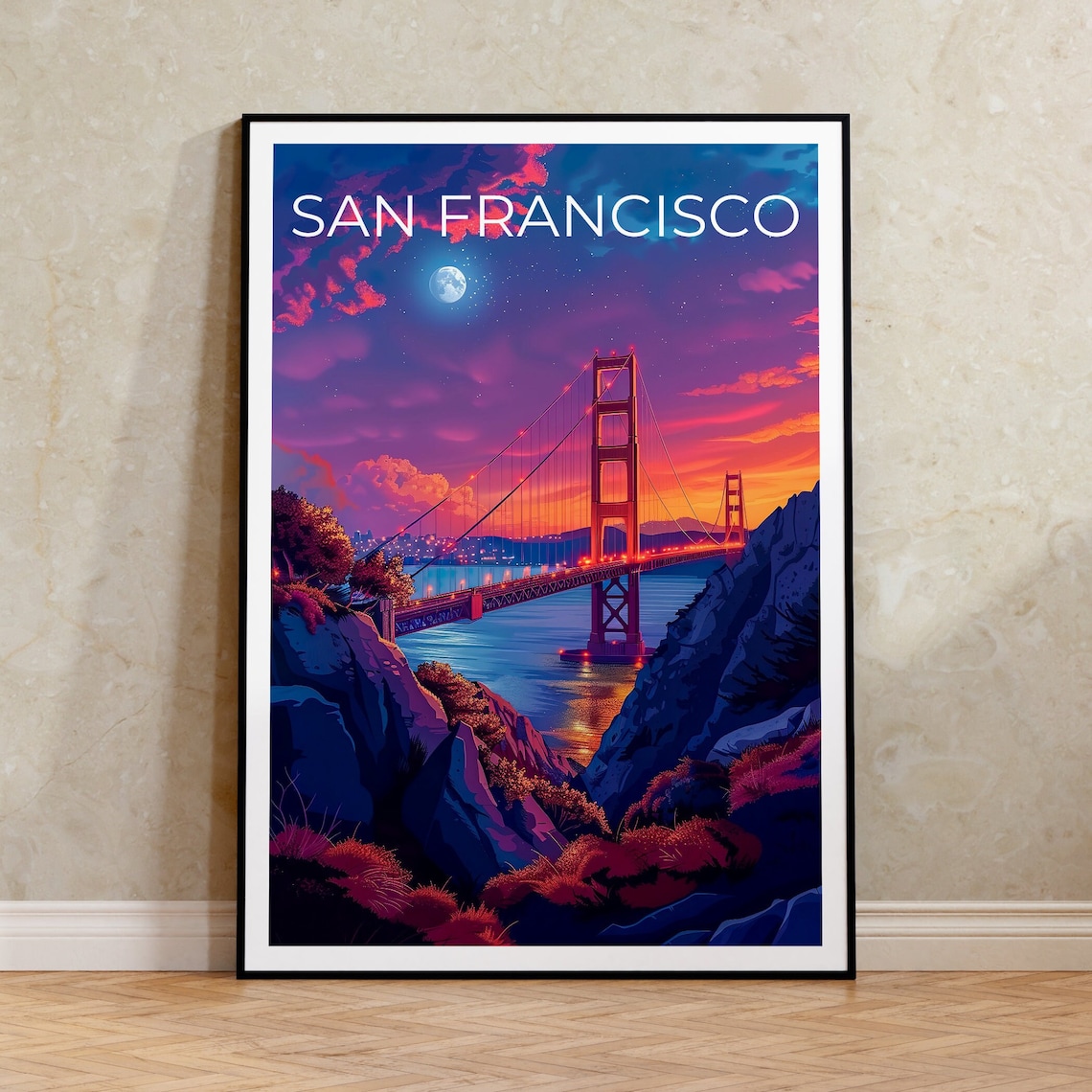 San Francisco Golden Gate Bridge Sunset Moonrise Bay Travel Poster
