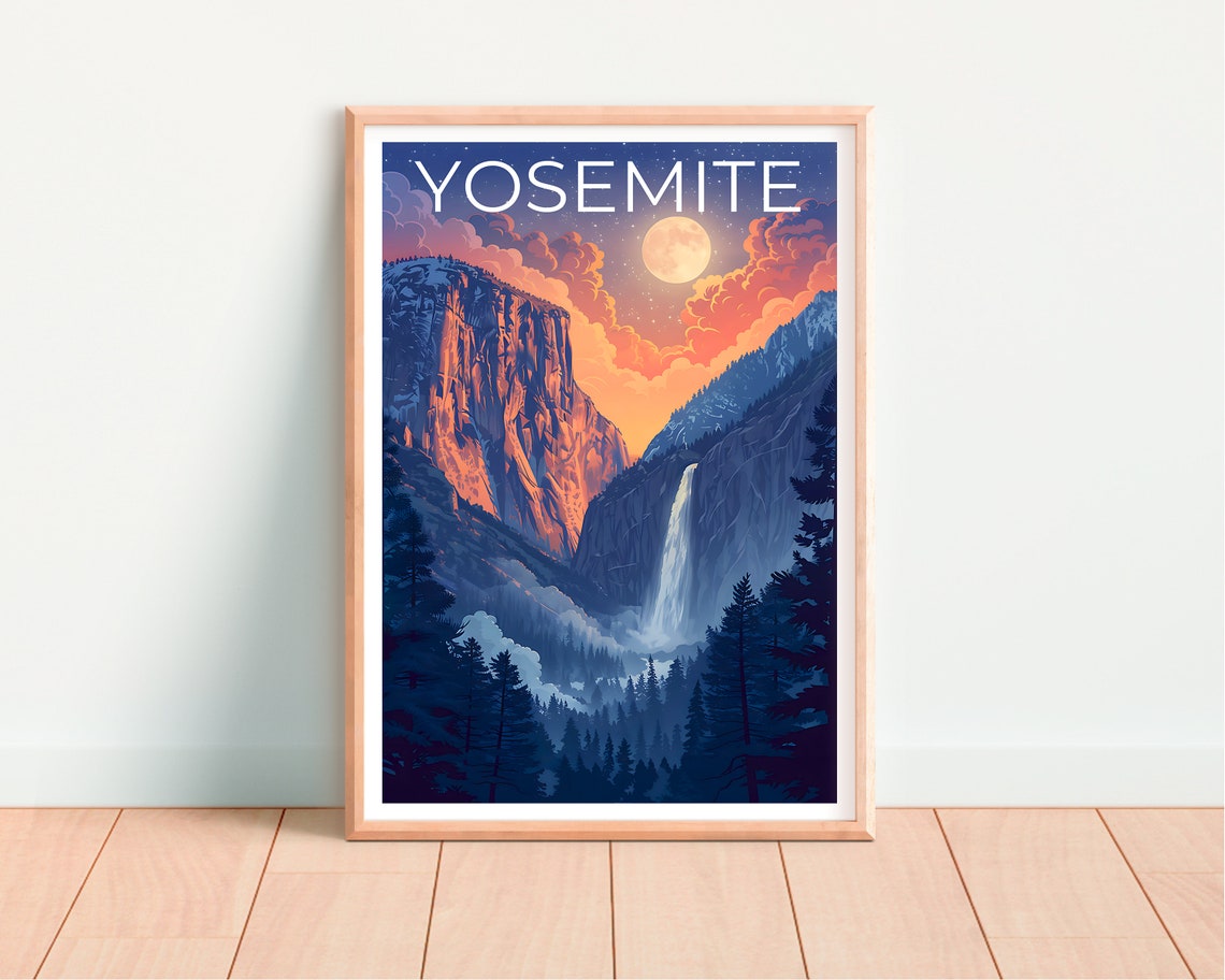 Yosemite National Park Moonlit Cliffs Waterfall Valley Travel Poster - Image 4
