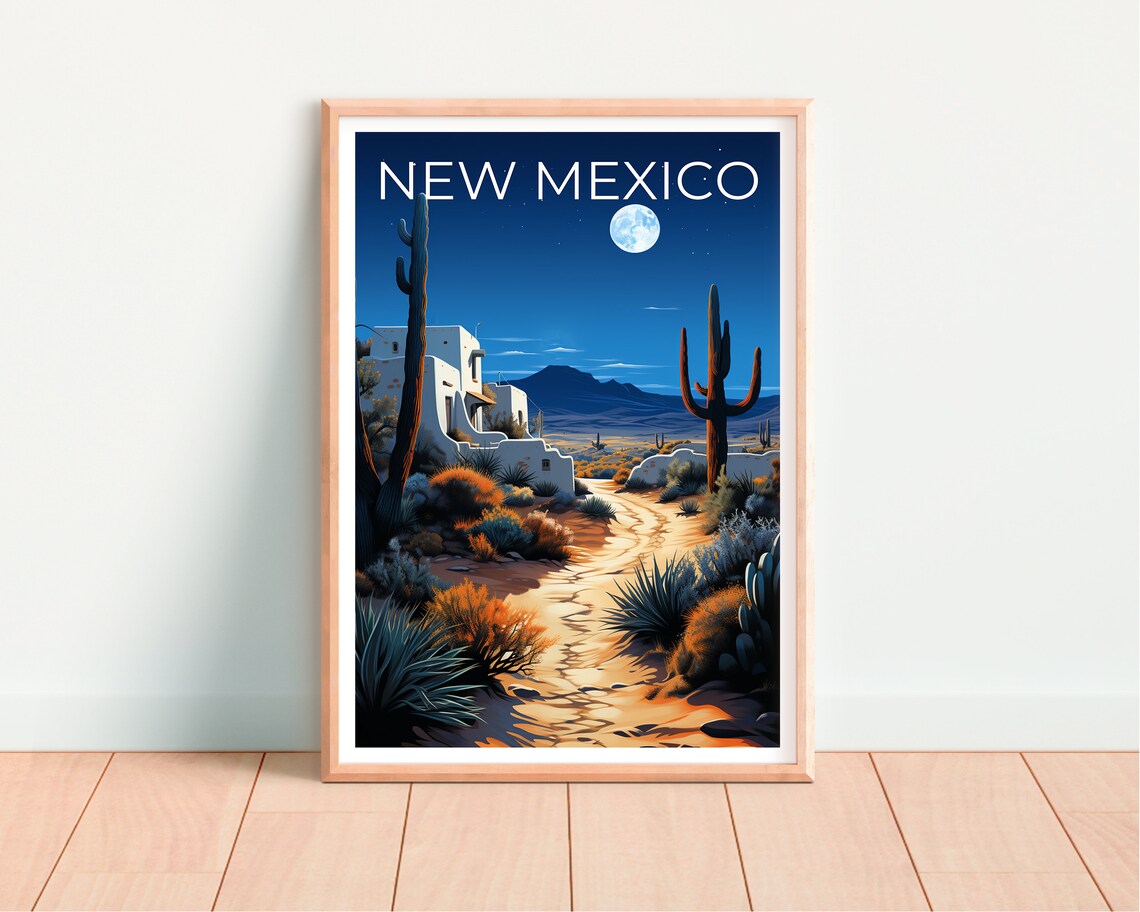 New Mexico Desert Night Adobe Buildings Saguaro Cacti Travel Poster - Image 4