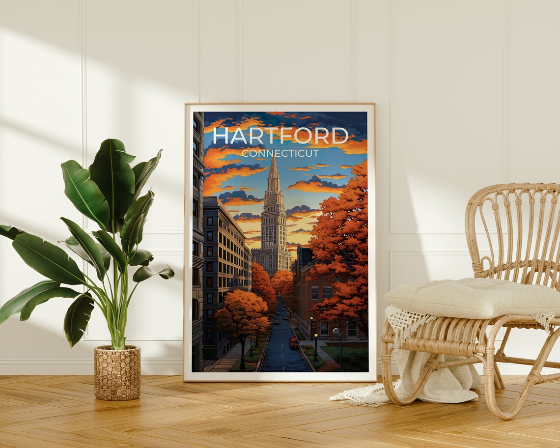 Hartford Connecticut Clock Tower Autumn Street Sunset View Poster - Image 2