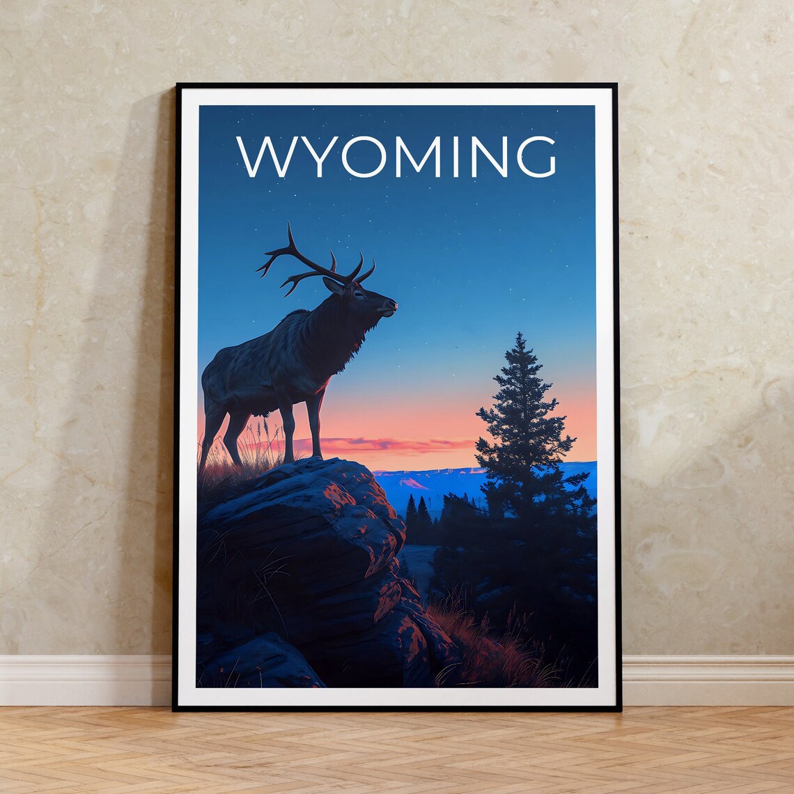 Wyoming Elk Sunset Rocky Ridge Pine Forest Wildlife Travel Poster