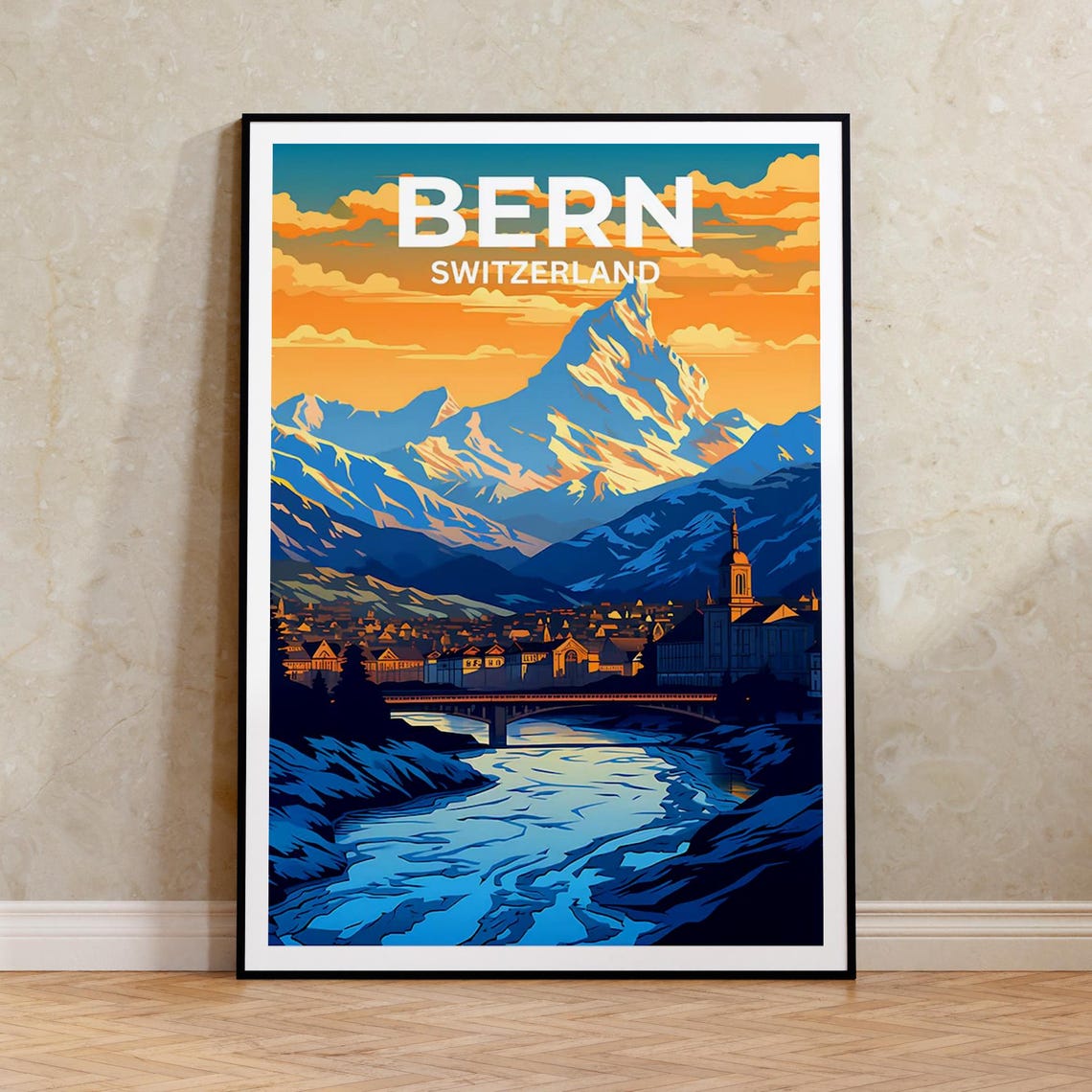 Bern Switzerland Old Town River Alpine Peak Sunset Travel Poster