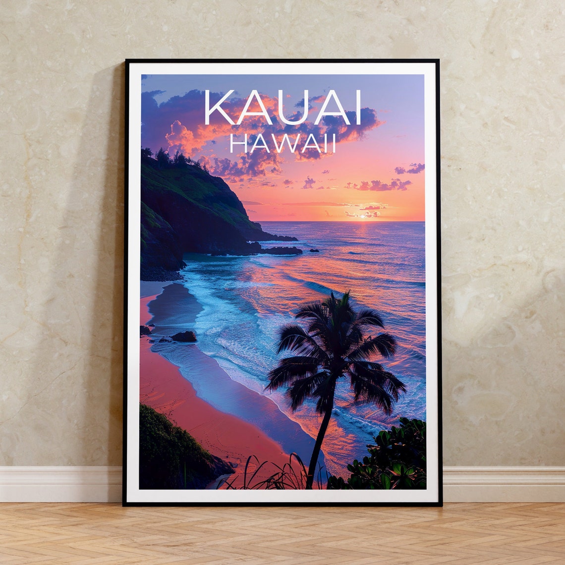Kauai Hawaii Beach Sunset Cliffs Palm Tree Coastal View Travel Poster