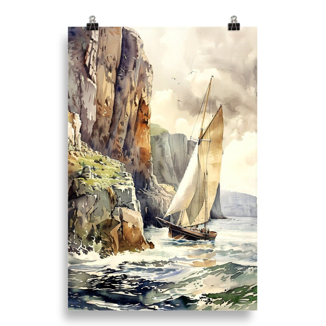Irish Cliffs With Boat Sailing Watercolor Art Print - Image 5