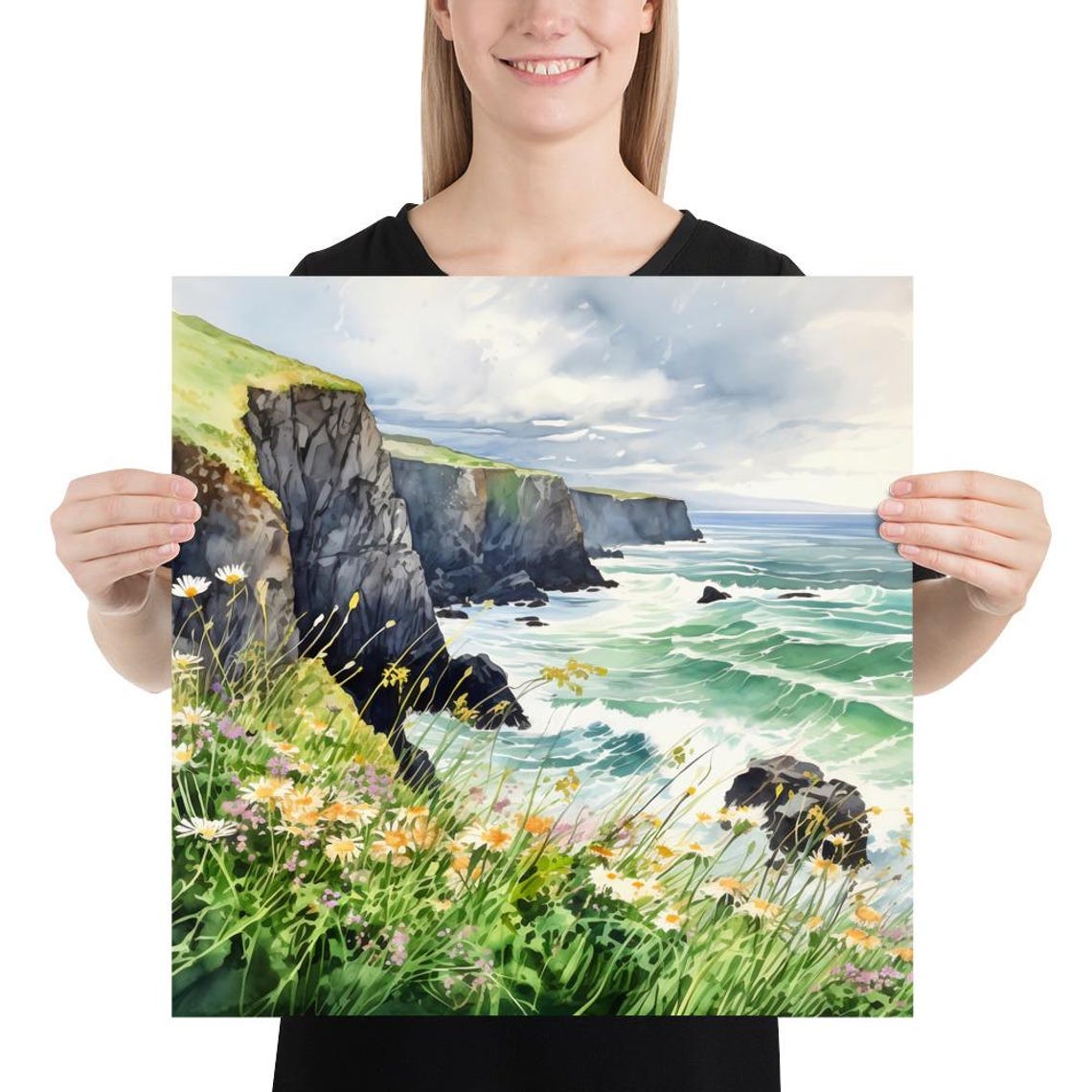 Sea Cliffs Wildflower Meadow Ocean Waves Watercolor Art Poster - Image 5
