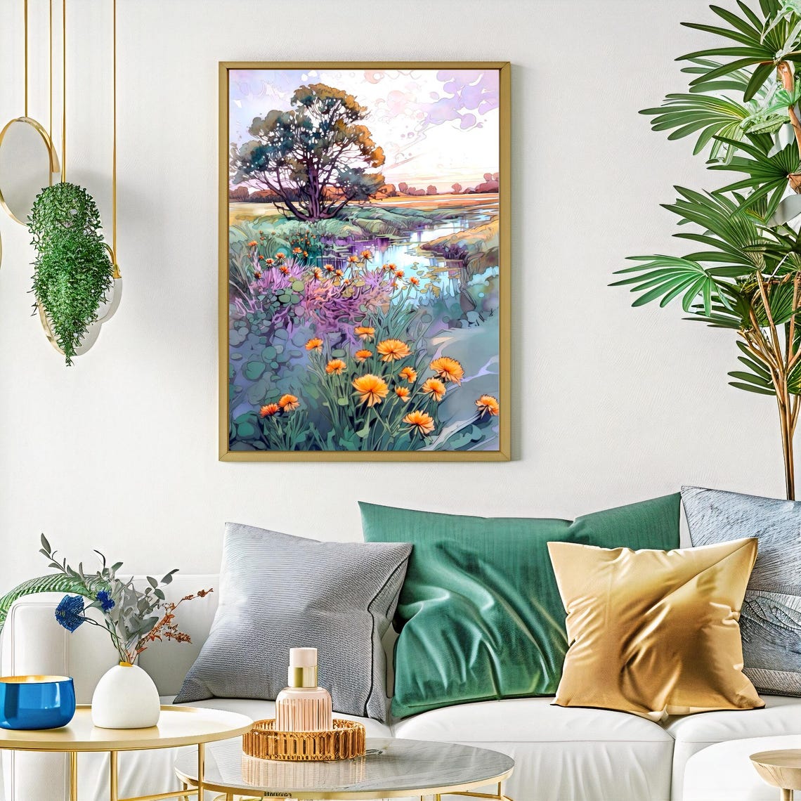 Orange Marigolds and Pond Lilies Watercolor Landscape Poster - Image 2