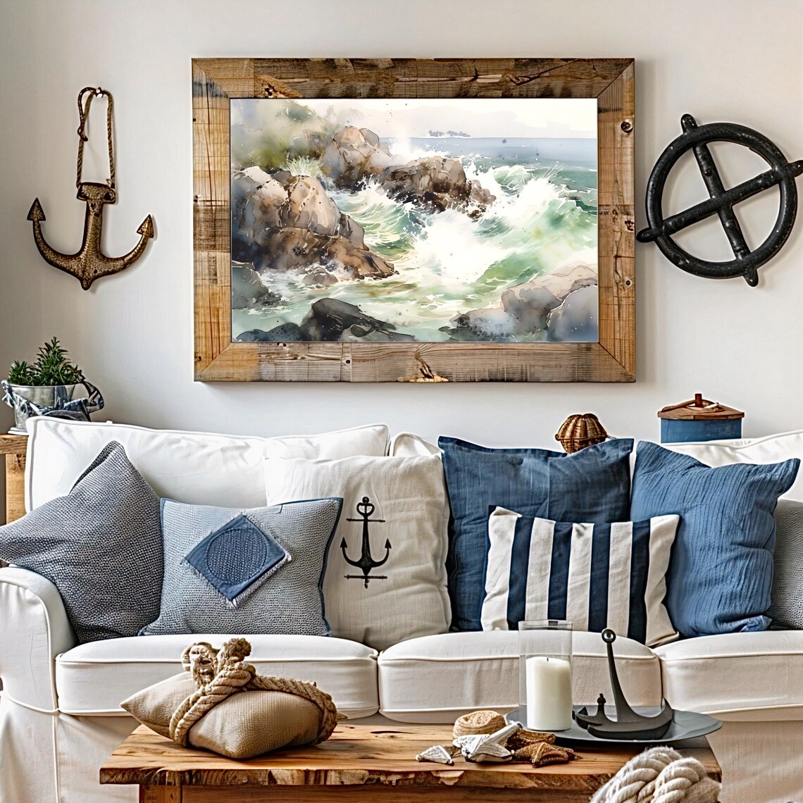 Crashing Waves Watercolor with Rocky Shore and Sea Foam Poster - Image 4