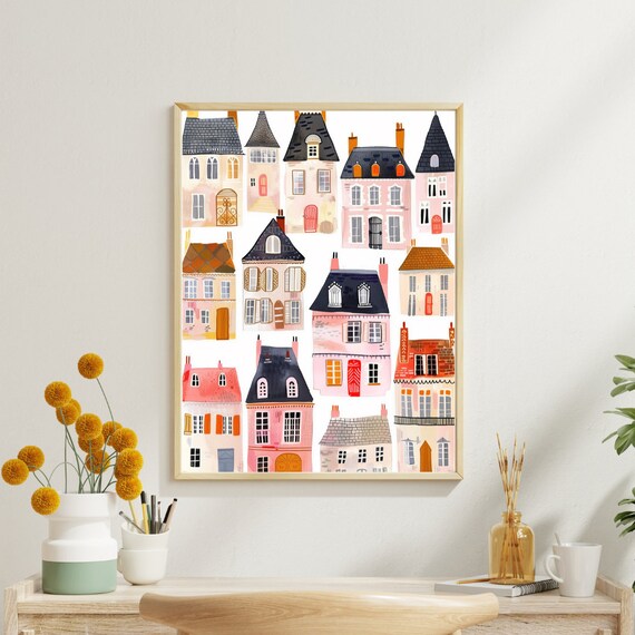 Cute Houses Watercolor Nursery Wall Art Decor Baby Room Decoration Neutral Art Nursery Watercolor Wall Art Watercolor Houses Architecture