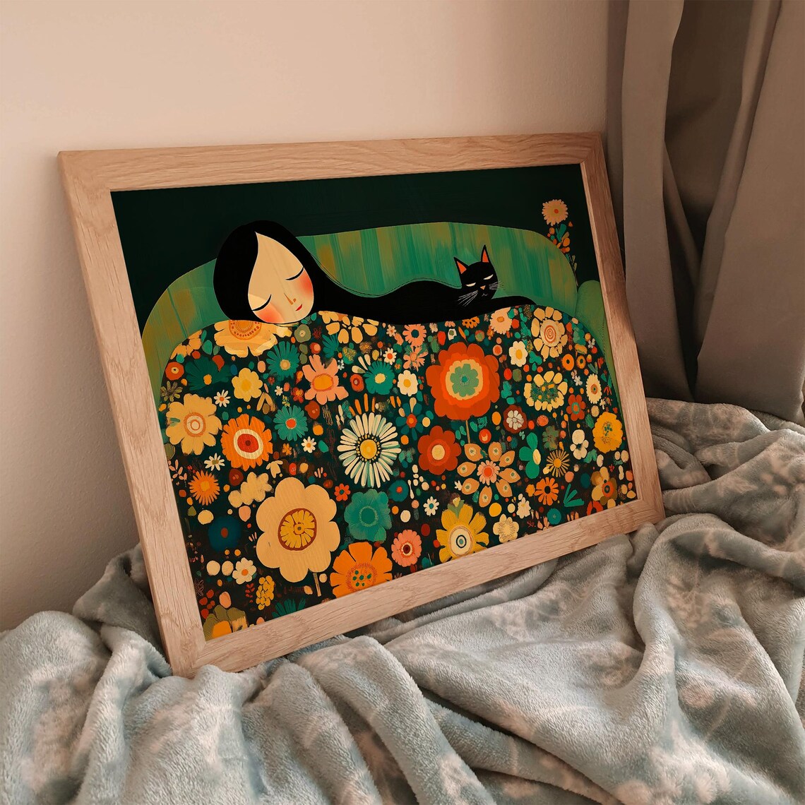 Resting Woman And Black Cat On A Colorful Floral Sofa Poster - Image 2