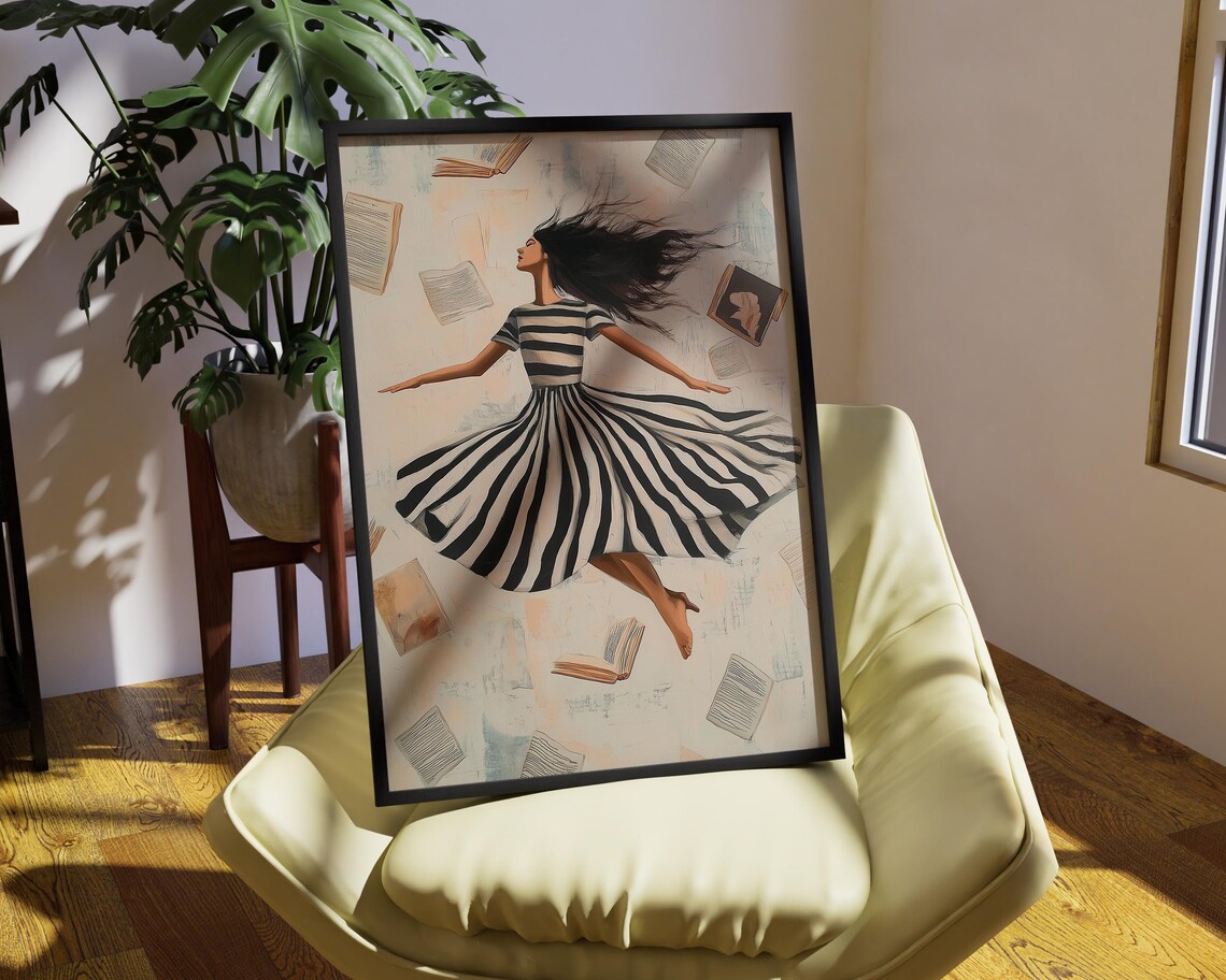 Whimsical Woman Dancing With Flying Books In Striped Dress Poster - Image 3