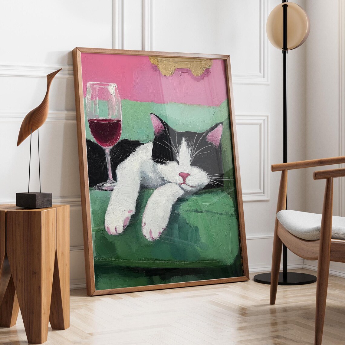 Sleepy Cat Lounging Beside A Glass Of Red Wine On Green Wall Art