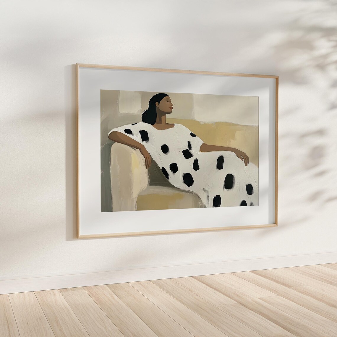 Seated Woman in Polka Dot Dress Against Beige Minimalist Poster - Image 2