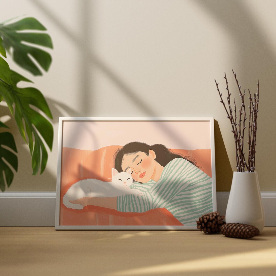 Woman Napping with White Cat Cozy Pastel Illustration Poster - Image 2
