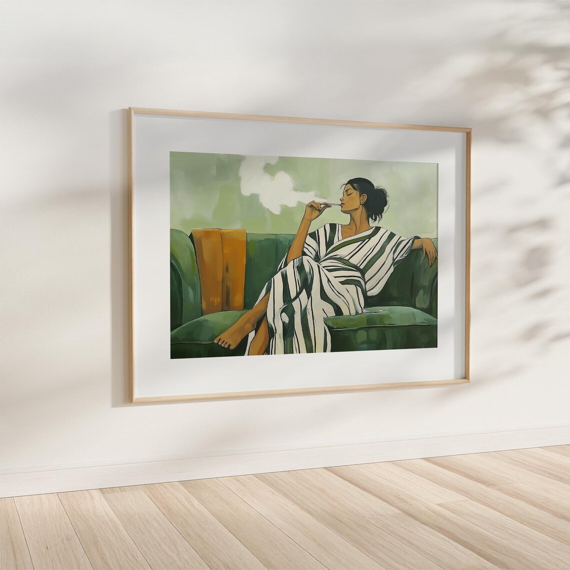 Elegant Woman Smoking on Green Sofa in Striped Kaftan Poster - Image 4