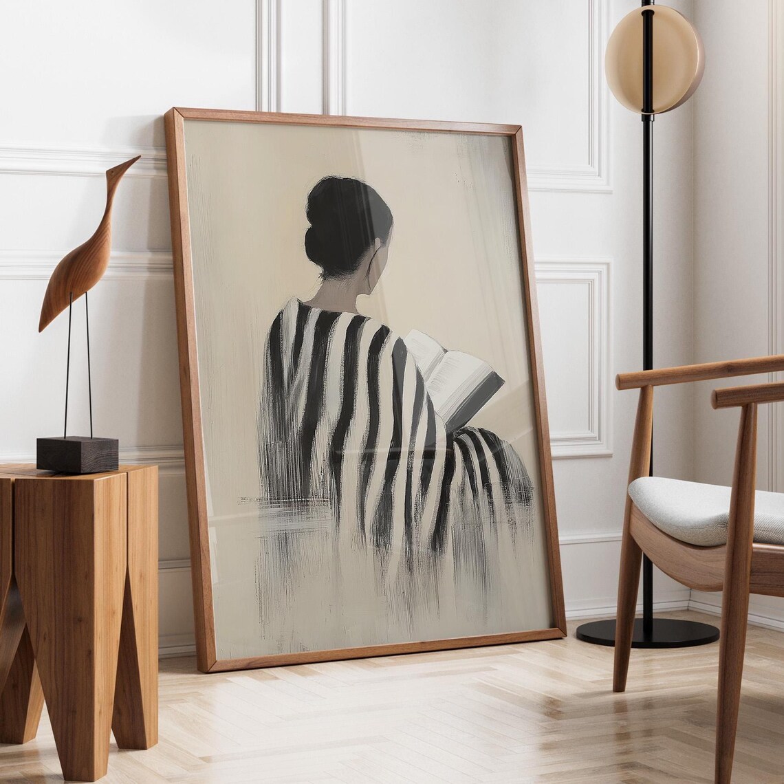Striped Dress Woman Reading, Minimalist Portrait Art Print - Image 4