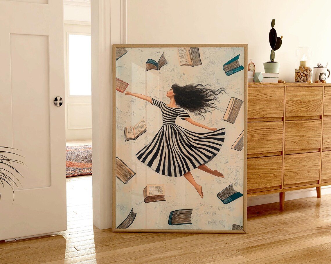 Dreamy Dancer In Striped Dress Surrounded By Floating Books Poster - Image 2