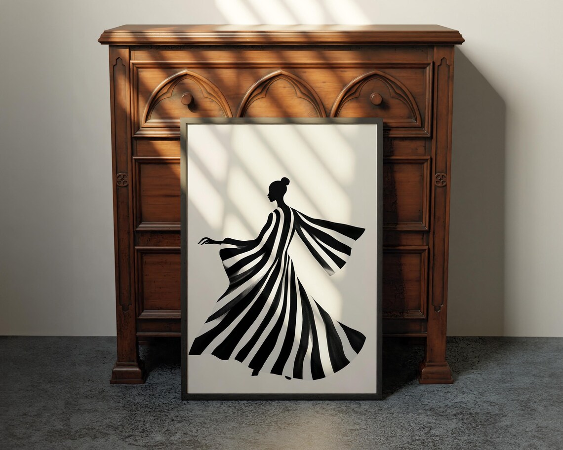 Twirling Dancer in Black and White Striped Gown Minimalist Poster - Image 4