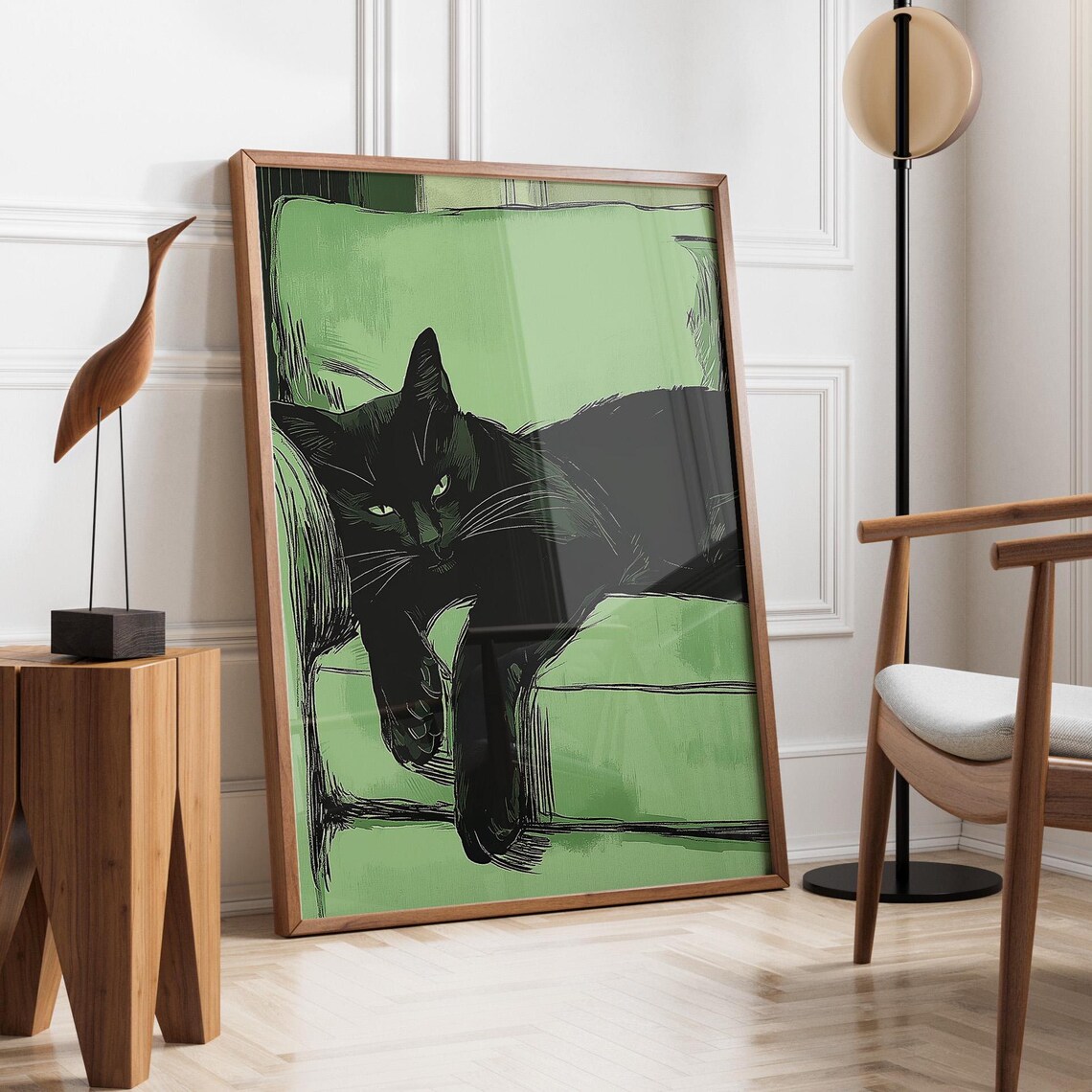 Emerald Green Sleeping Black Cat Contemporary Art Print