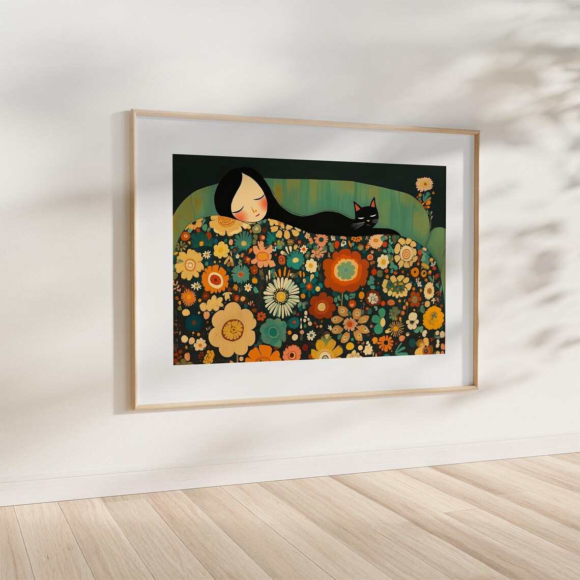 Resting Woman And Black Cat On A Colorful Floral Sofa Poster - Image 4
