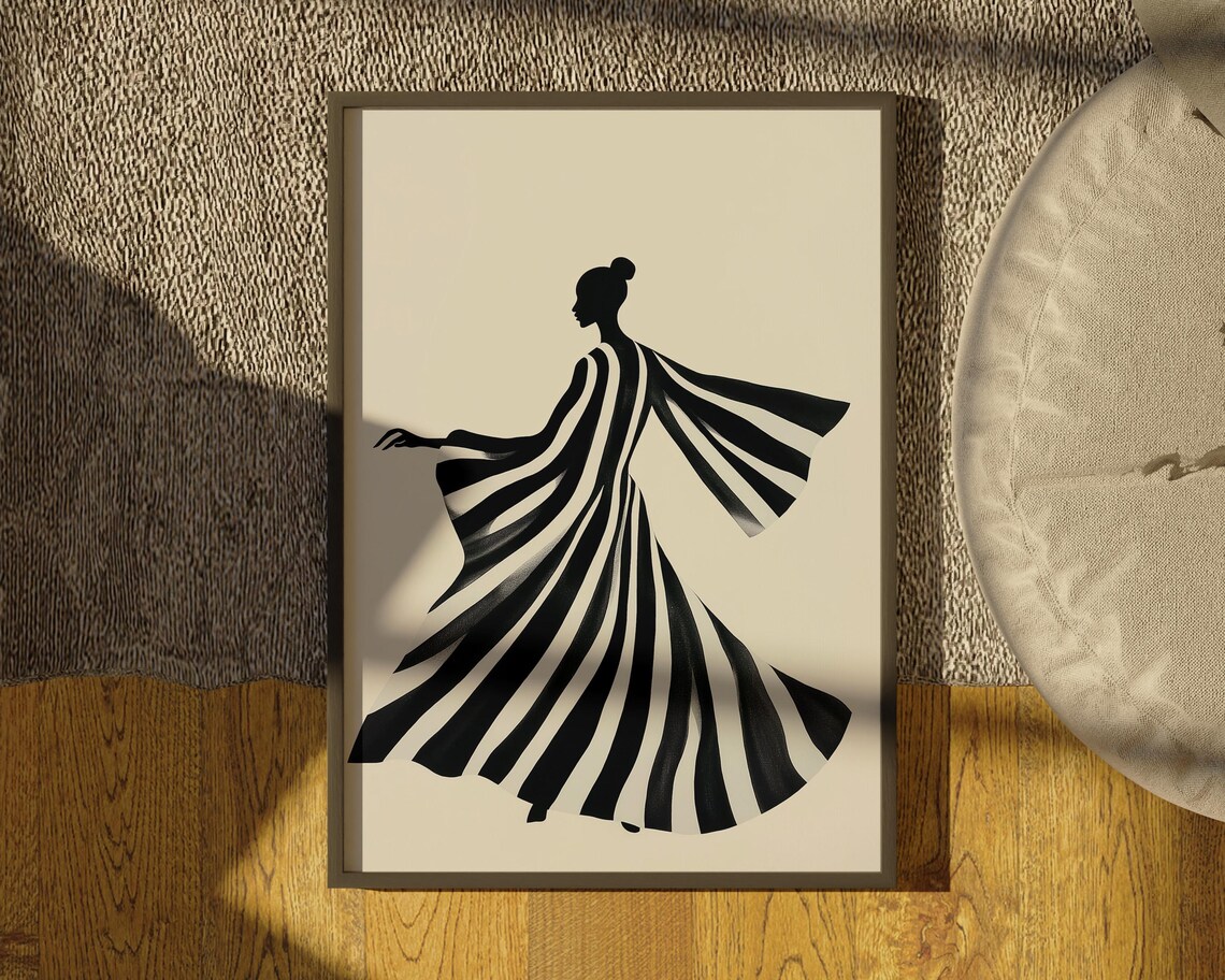 Twirling Dancer in Black and White Striped Gown Minimalist Poster - Image 2