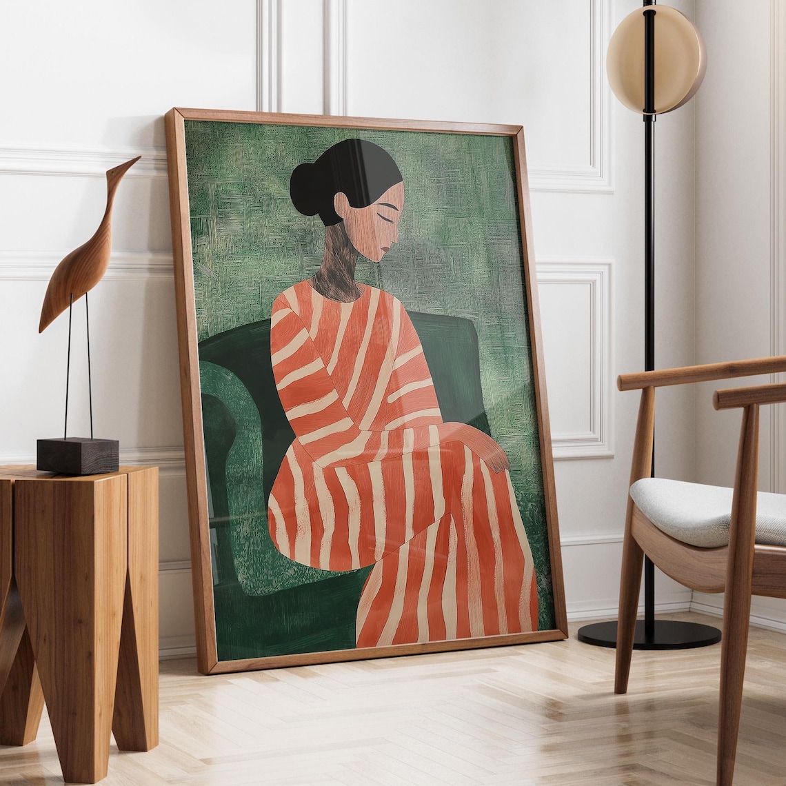 Seated Woman in Orange Striped Dress Green Background Poster