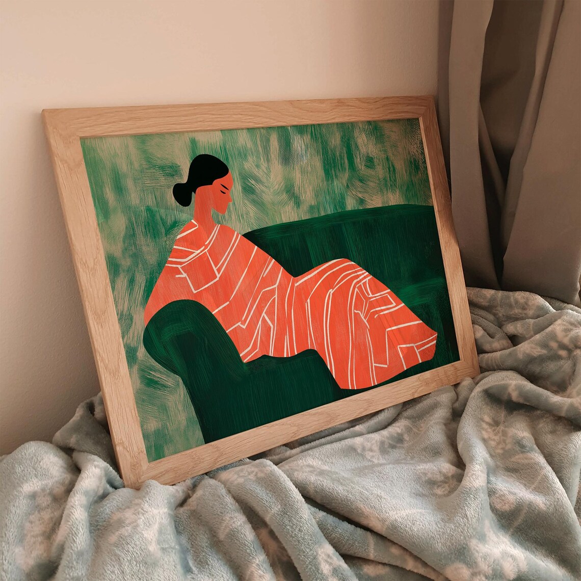 Lounging Woman in Coral Geometric Dress on Green Couch Poster - Image 3