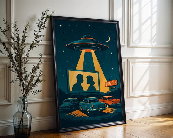 Retro Ufo Drivein Americana Art Midcentury Scifi Illustration